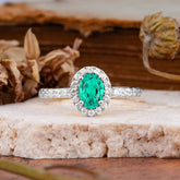 1 Carat Oval Cut Classic Emerald Ring Half Eternity Band Halo Ring